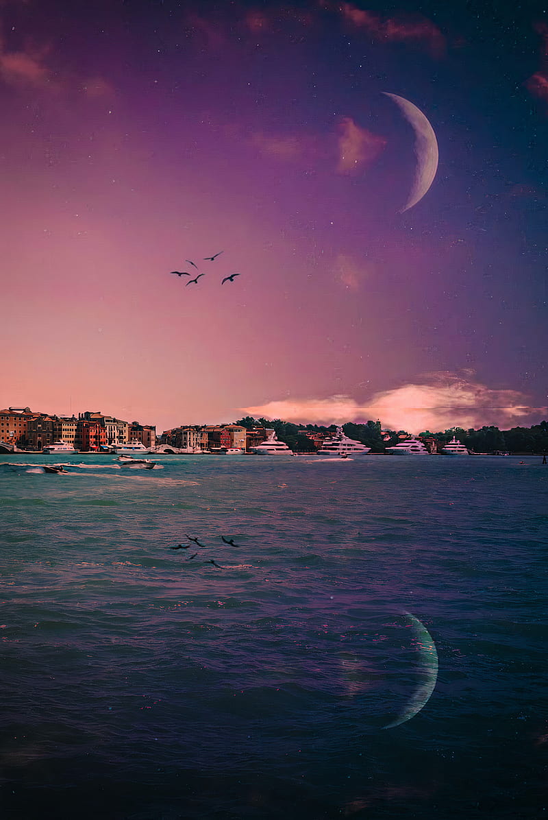 Aesthetic Venice, sky, edited, planet, chill, large moon, night, aesthetic sky, nice, purple sky, cloud, beautiful, cloudy, moon, night sky, calming, sunset, purple, venezia, italy, HD phone wallpaper