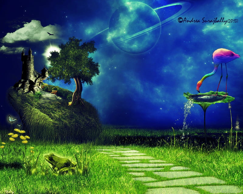 ~World on the Planets~, stunning, grass, flamingo, attractions in dreams, bonito, digital art, clouds, grassy mound, manipulation, flowers, surreal, animals, blue, colors, love four seasons, creative pre-made, butterflies, world views, sky, frog, cool, paradise, bird, planet, sidewalk, nature, castle, HD wallpaper