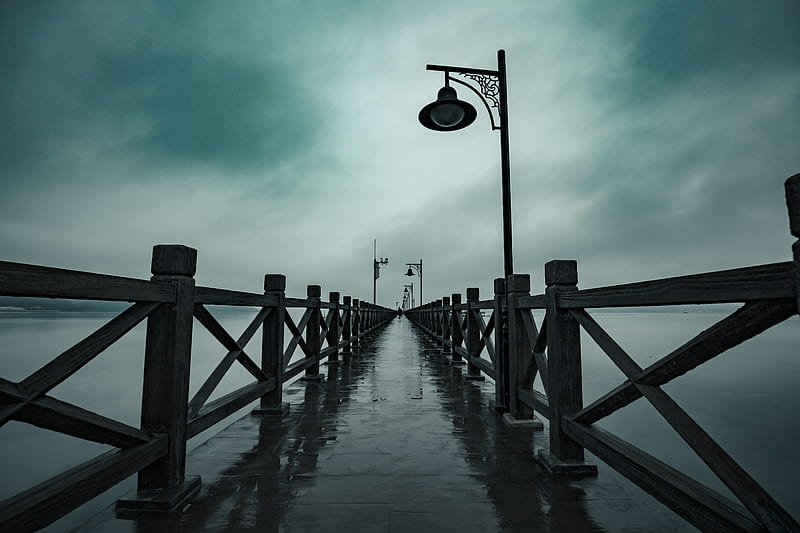 pier, fog, moisture, lights, railings, HD wallpaper