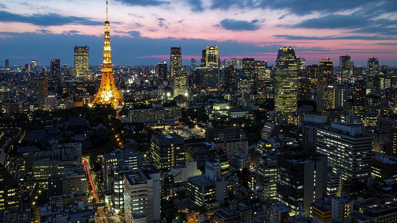 Tokyo, buildings, sunset, clouds, lights, japan tower, japan, city, tower, HD wallpaper
