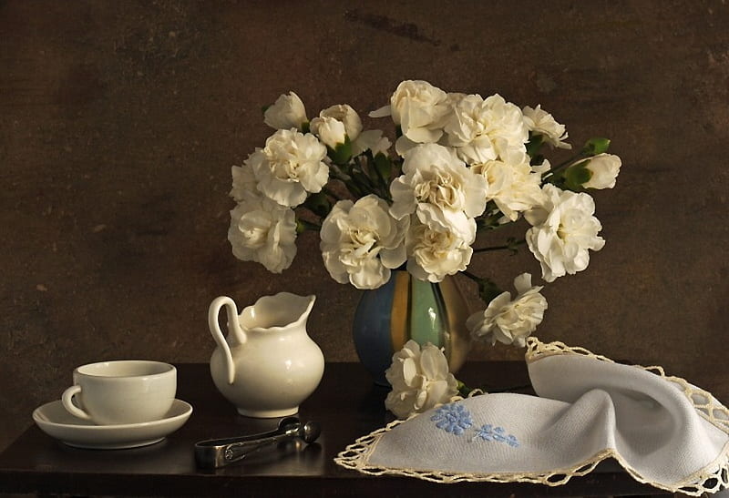 Still life, good morning, white flowers, vase, napkin, graphy, cup, flower, morning, white, HD wallpaper