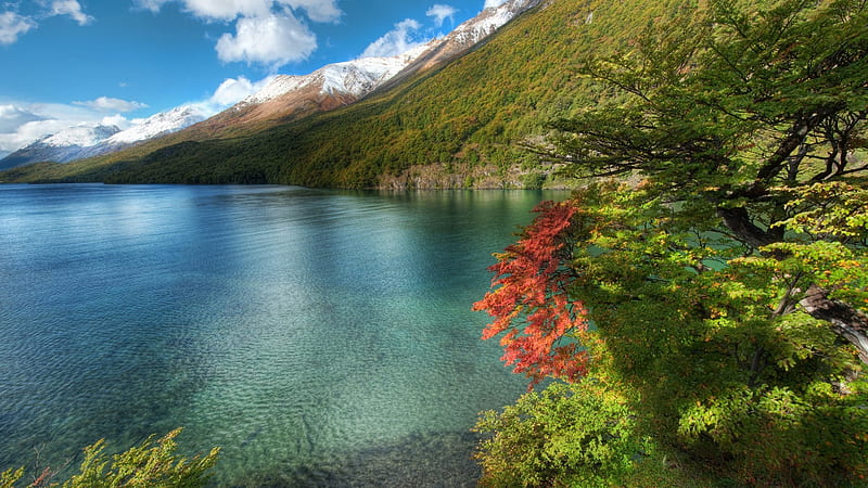 lake, mountainside, sky, trees, HD wallpaper