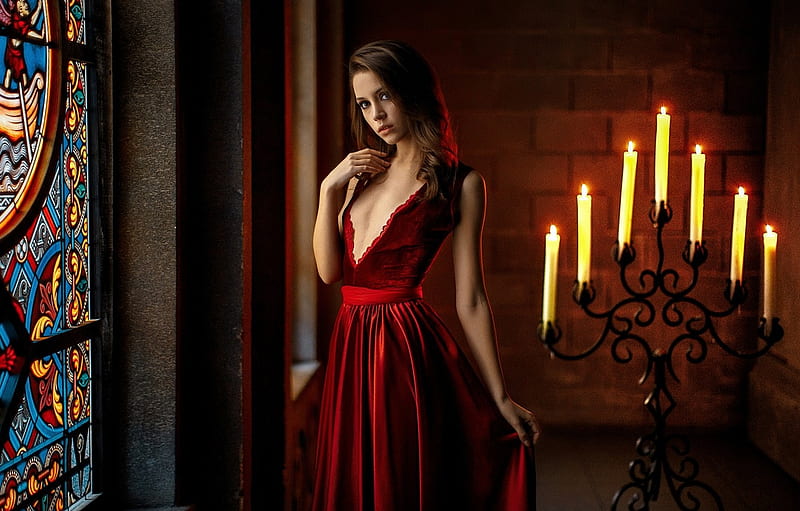 Xenia Kokoreva, candle, red, dress, girl, model, woman, HD wallpaper