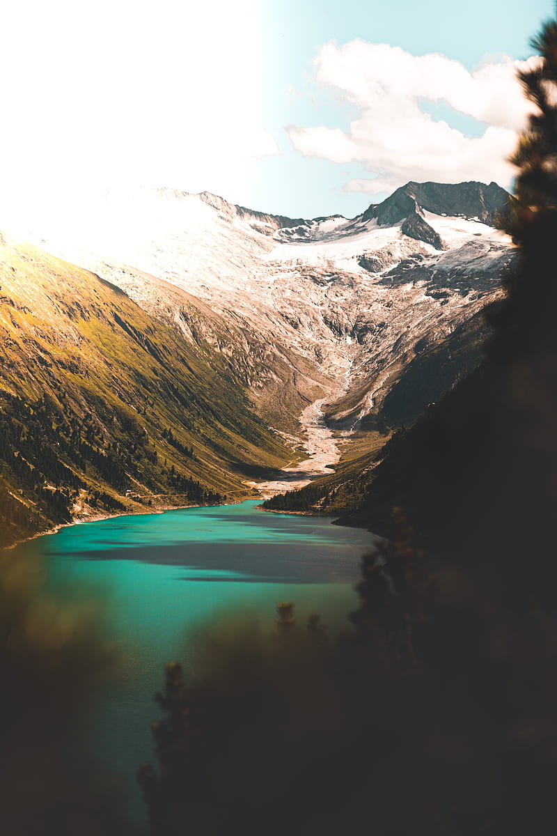 mountains, lake, slopes, peak, snow, HD phone wallpaper