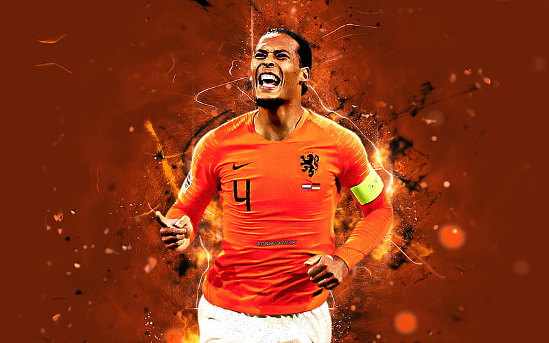 Virgil van Dijk, goal, Netherlands National Team, joy, fan art, Van Dijk, soccer, footballers, Dutch football team, neon lights, HD wallpaper