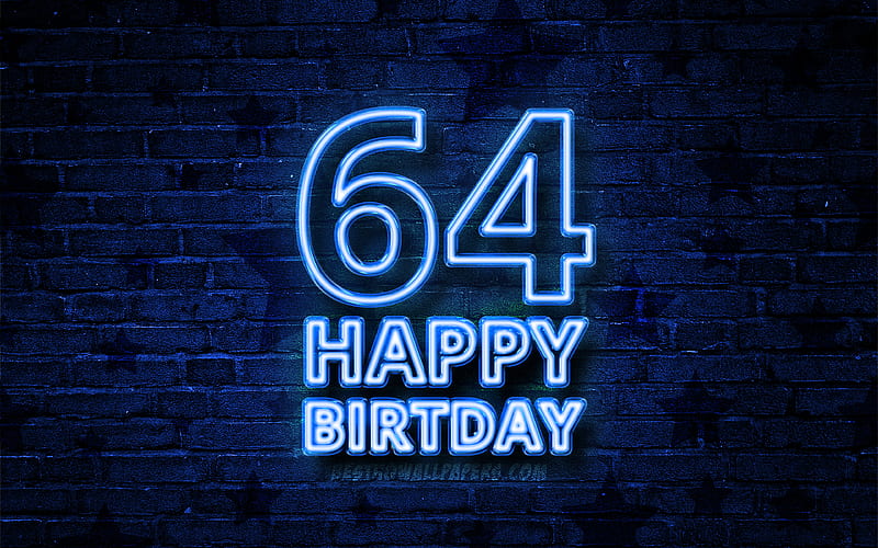Happy 64 Years Birtay blue neon text, 64th Birtay Party, blue brickwall, Happy 64th birtay, Birtay concept, Birtay Party, 64th Birtay, HD wallpaper