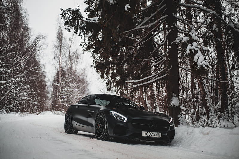mercedes-benz, car, sportscar, black, snow, forest, HD wallpaper