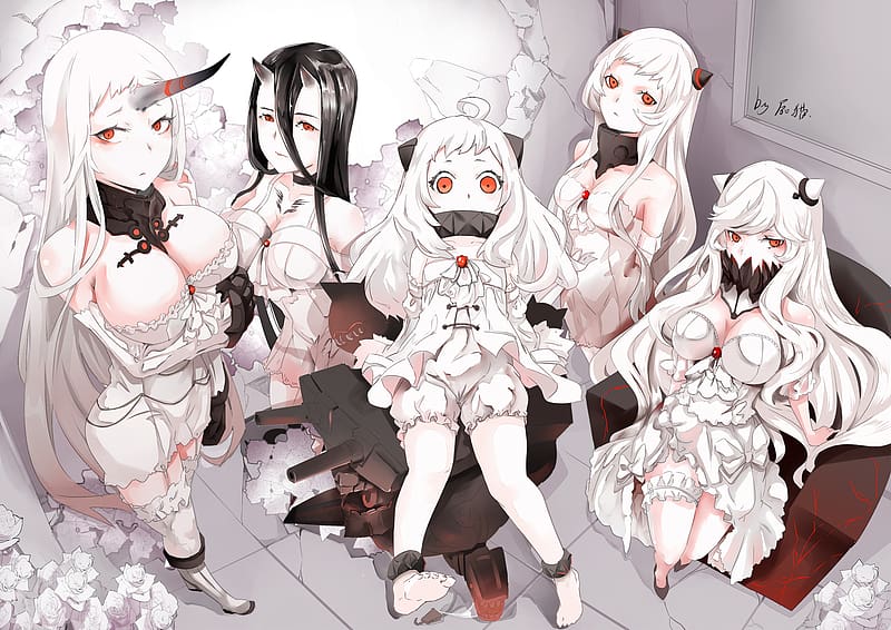 Anime, Flower, Dress, Horns, Red Eyes, Black Hair, Long Hair, Thigh Highs, White Hair, Kantai Collection, Battleship Symbiotic Hime, Midway Hime, Northern Ocean Hime, Airfield Hime, Bloomers, Harbour Princess (Kancolle), HD wallpaper