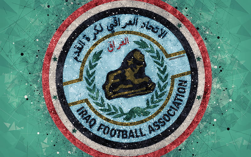 Iraq national football team geometric art, logo, green abstract background, Asian Football Confederation, Asia, emblem, Iraq, football, AFC, grunge style, creative art, HD wallpaper