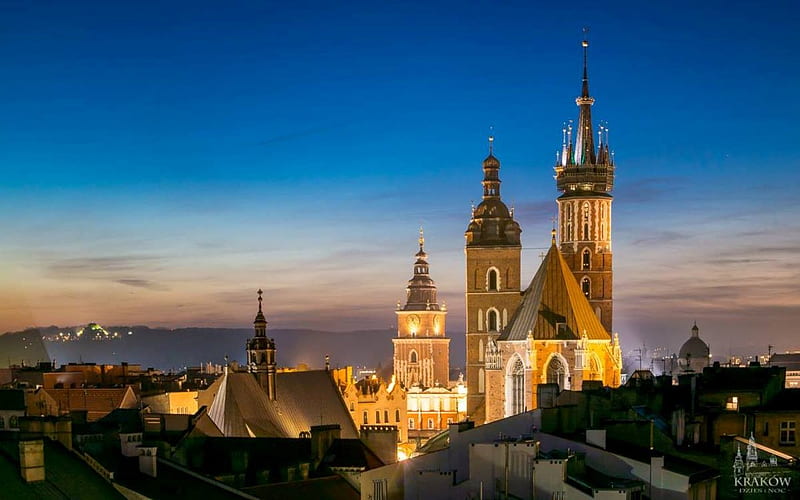 Krakow in Blue Hour, Poland, Krakow, evening, church, HD wallpaper