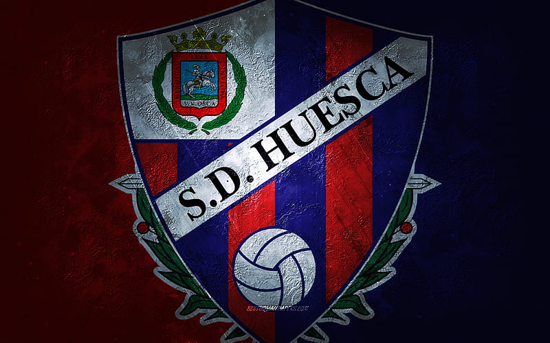 SD Huesca, Spanish football club, blue stone background, SD Huesca logo, grunge art, La Liga, football, Spain, SD Huesca emblem, HD wallpaper