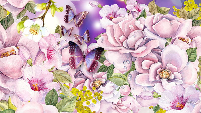 Blossoms Butterflies, garden, summer, flowers, blossoms, butterflies, spring, blooms, floral, HD wallpaper