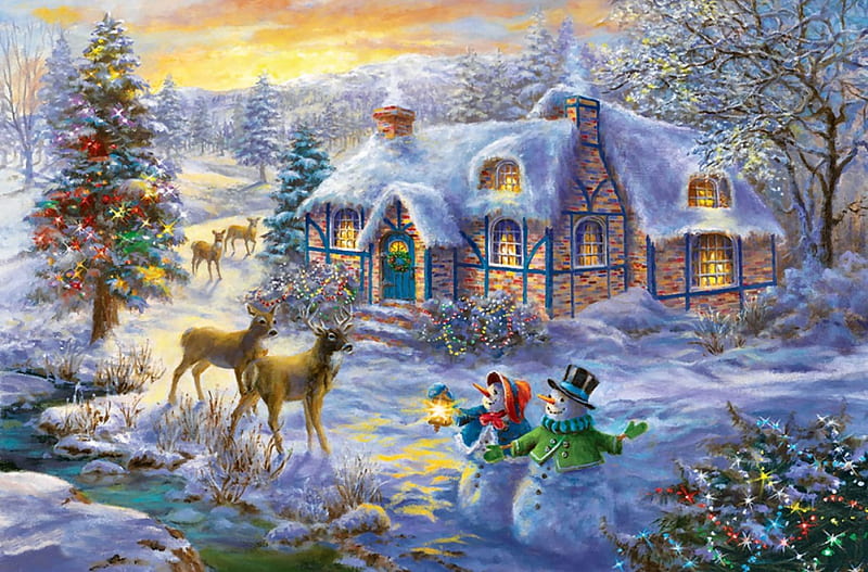 Christmas Deer F5Cmp, Christmas, art, holiday, December, illustration, artwork, deer, winter, snow, painting, wide screen, wildlife, snow people, occasion, scenery, HD wallpaper