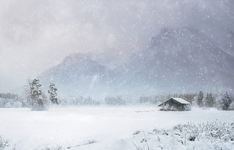 house, snow, blizzard, winter, mountains, HD wallpaper