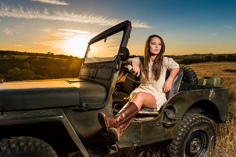 Cowgirl And Jeep Model Dress Outdoors Boots Hd Wallpaper Peakpx