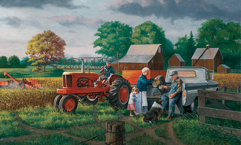 Break Time at The Farm, tractor, lunch, farmer, Harvest, truck, Farm, field, barn, rural, HD wallpaper