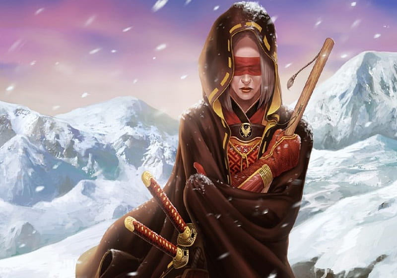 Blind Warrior, fantasy, swords, snow, blind, woman, HD wallpaper