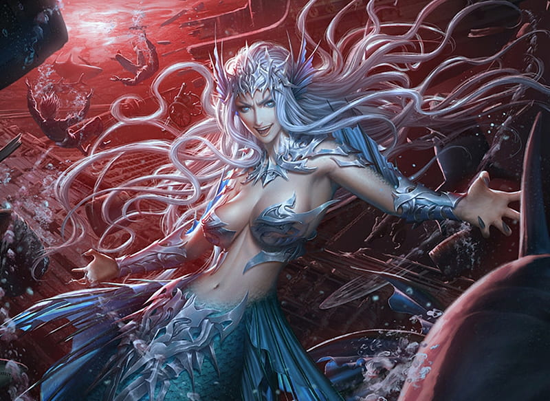 Mermaid, red, fantasy, cloud d, girl, siren, blue, HD wallpaper