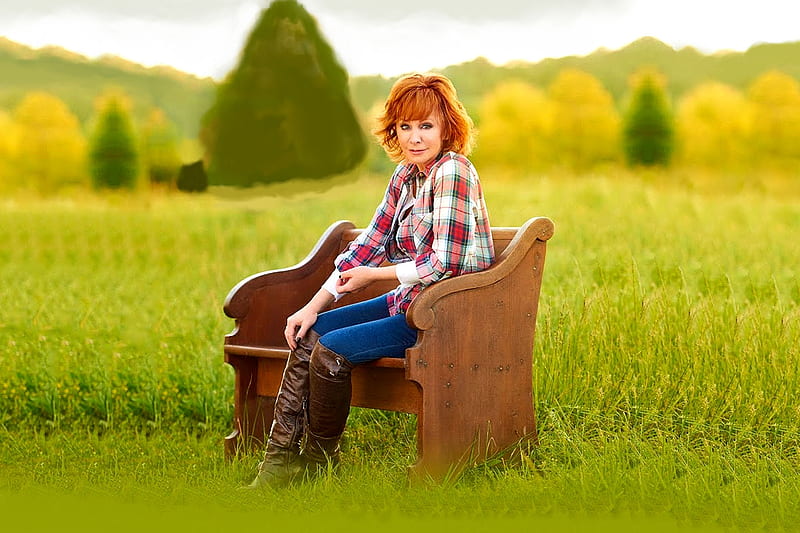 Reba, bench, redheads, ranch, cowgirls, boots, HD wallpaper