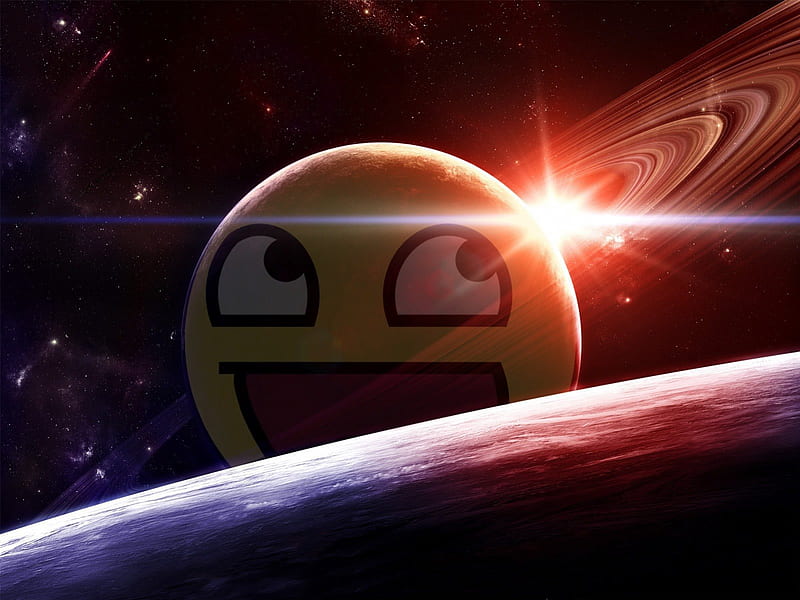 Awesome Smiley Planet, stars, smiley, space, yellow, galaxy, rings, meme, planet, awesome, face, earth, light, HD wallpaper