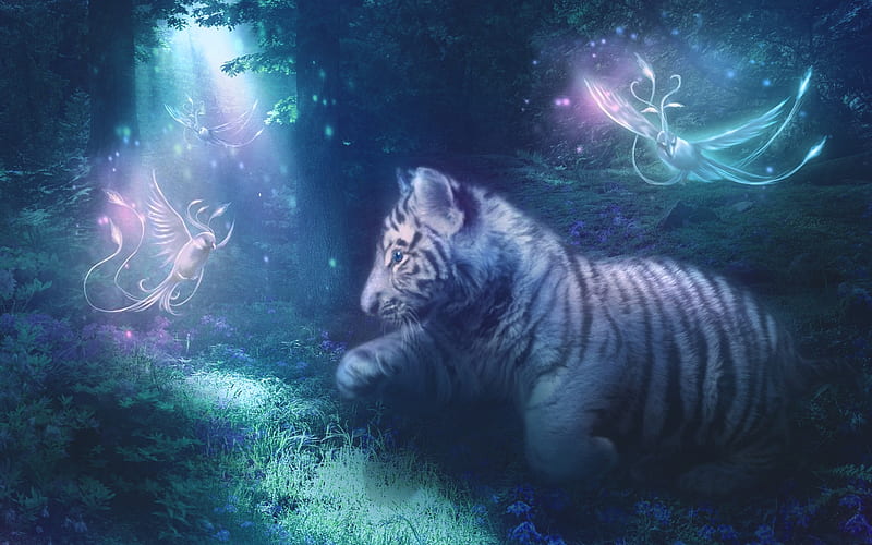 White Tiger, forest, birds, bonito, tiger, fantasy, purple, cub, blue, HD wallpaper