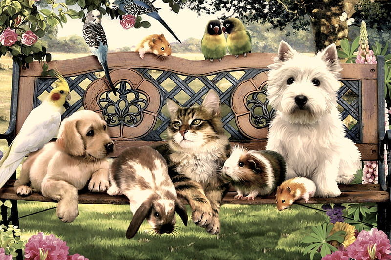 Best of Friends, cute, mice, birds, cats, dogs, animals, HD wallpaper