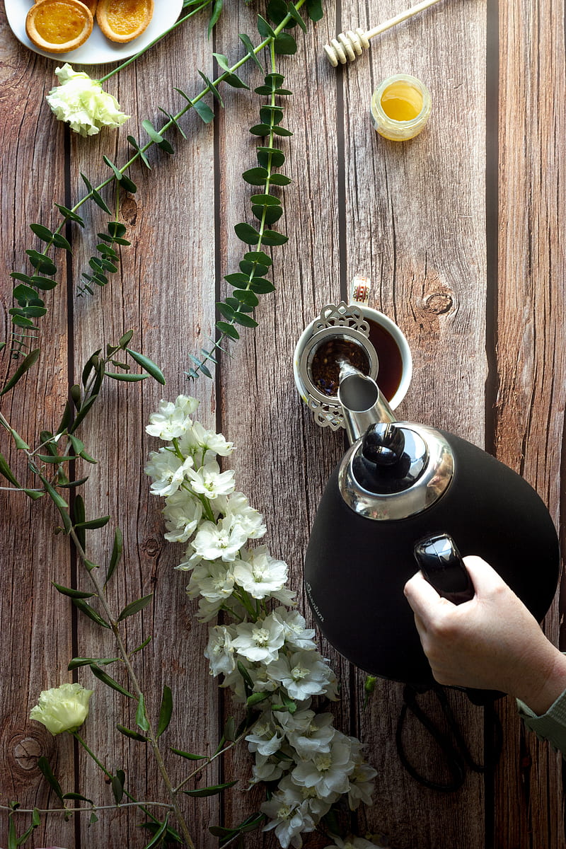 cup, teapot, tea, hand, flowers, HD phone wallpaper