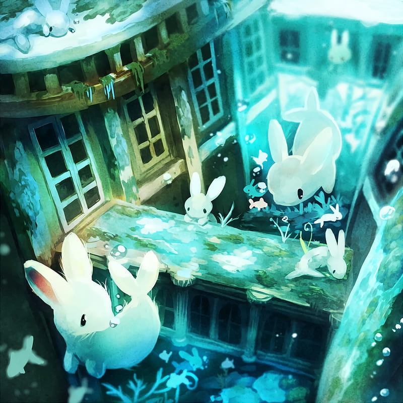 anime, rabbits, high angle, cyan, HD phone wallpaper