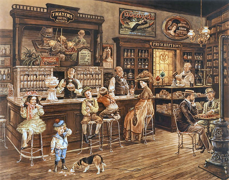 Good Old Days F, architecture, little boy, soda fountain, art, bonito, mother, artwork, canine, drug store, crying, little girl, painting, wide screen, scenery, dog, HD wallpaper