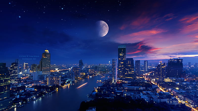 City Lights Moon Vibrant , city, lights, moon, graphy, HD wallpaper