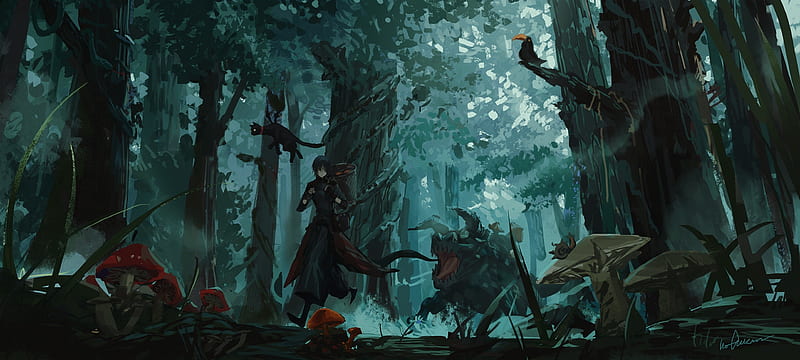 anime boy, running from monsters, forest, trees, mushrooms, dark, Anime, HD wallpaper