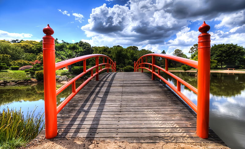 Walkway Bridge, lagoon, parks, water, trees, clouds, HD wallpaper Walkway Bridge, lagoon, parks, water, trees, clouds, HD wallpaper