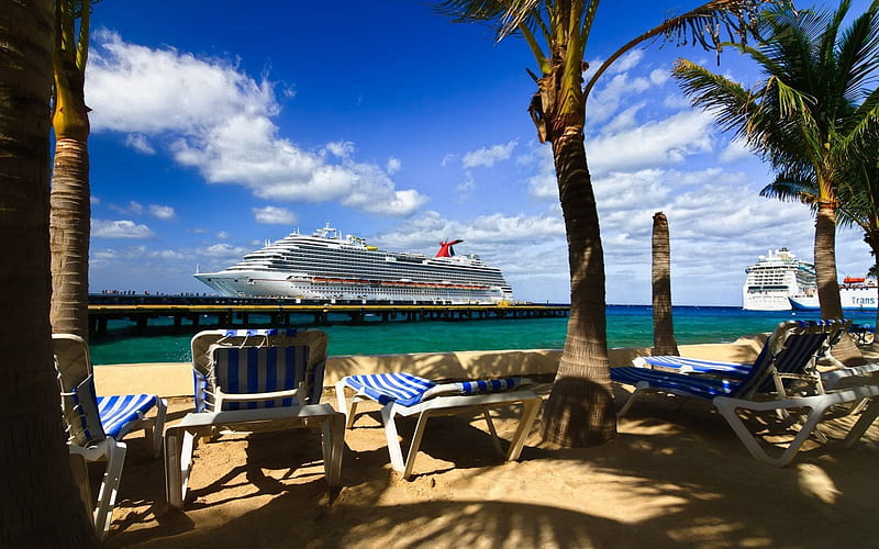 Caribbean View, ships, beach, chairs, clouds, sky, coast, palms, HD wallpaper