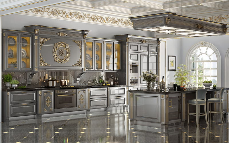 classic kitchen design, gray kitchen classic interior, design gold elements, HD wallpaper