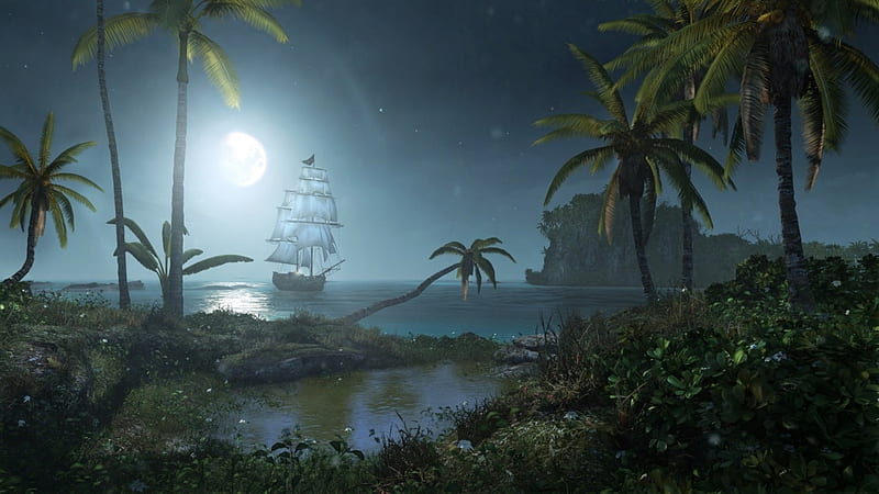 Pirate's Cove, pirates, island, ship, night, HD wallpaper