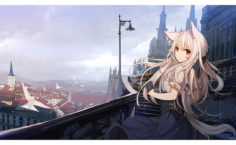 anime girl, braid, animal ears, cityscape, fantasy world, white hair, Anime, HD wallpaper