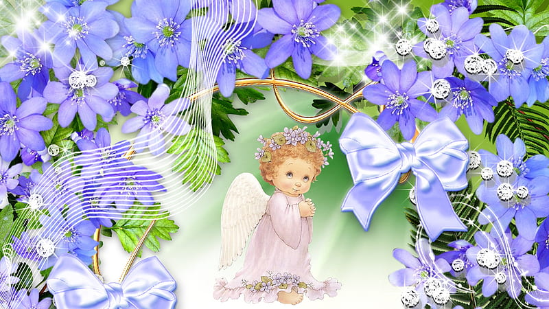 Angel So Sweet 2, lilac, stars, blue flowers, angel, ribbon, bow, diamonds, floral, sparkles, gold, purple, HD wallpaper
