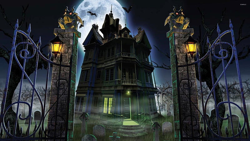 Colorful Haunted Mansion With Moon Background Movies, HD wallpaper