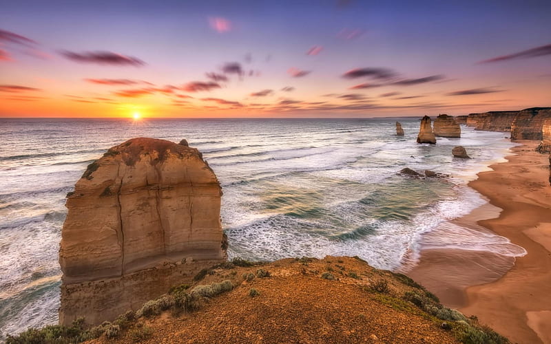 coast, sunset, twelve apostles, australia, rocks, HD wallpaper