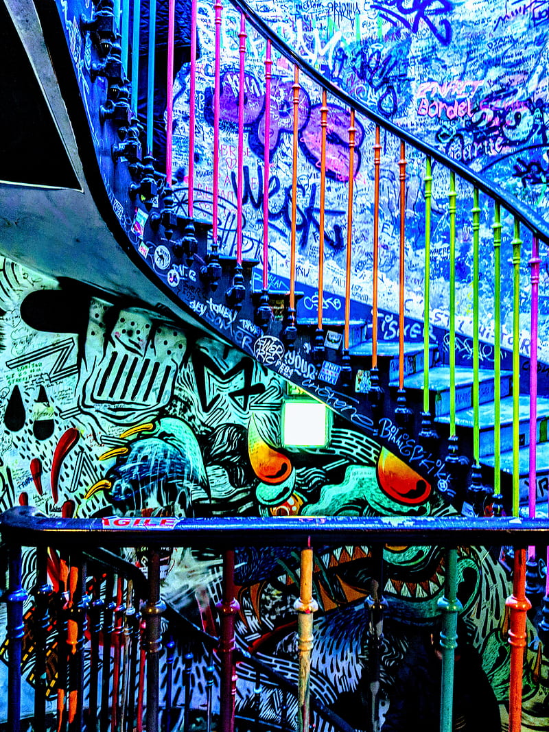 Winding Staircase, 59 rivoli, artwork, blacklight, blue, graffiti, neon, painting, paris, stairs, HD phone wallpaper