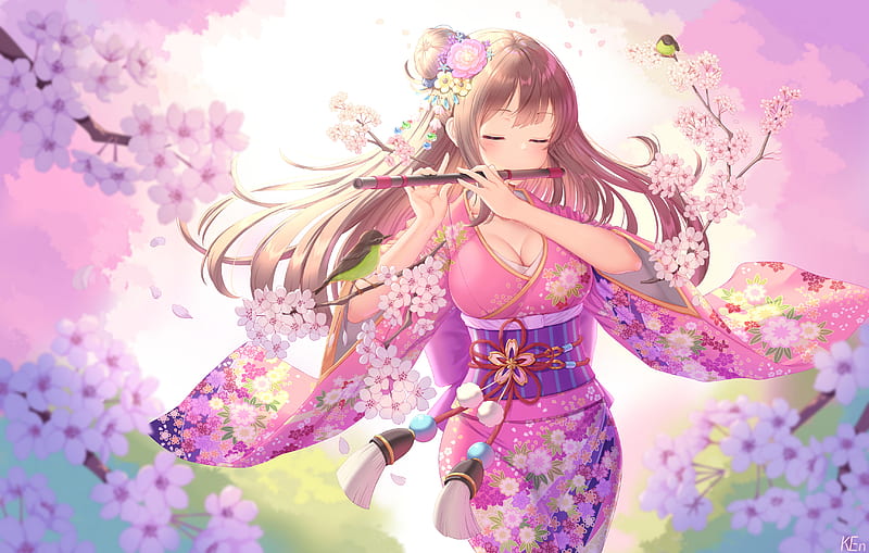 Anime, Girl, Blossom, Brown Hair, Flower, Flute, Kimono, Long Hair, Spring, HD wallpaper