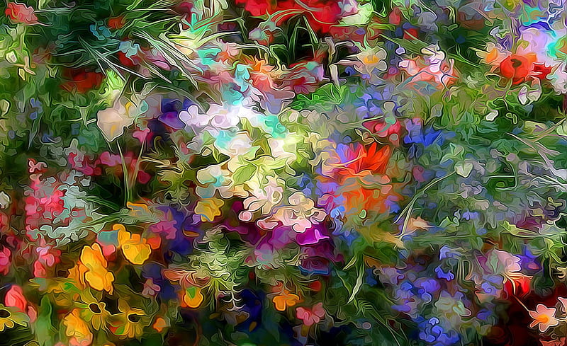 Flowers, red, art, green, orange, texture, painting, flower, blue, HD wallpaper