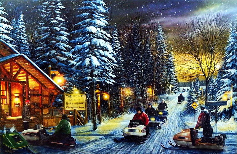 Poker Run, cottage, bob, artwork, firs, winter, restaurant, snow, people, painting, HD wallpaper