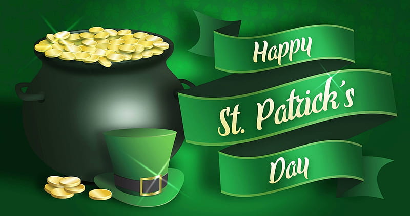 St. Patrick's Day, Saint Patricks Day, coins, hat, clovers, top hat, St Patricks Day, gold, cauldron, green, shamrocks, Patricks Day, gold coins, HD wallpaper