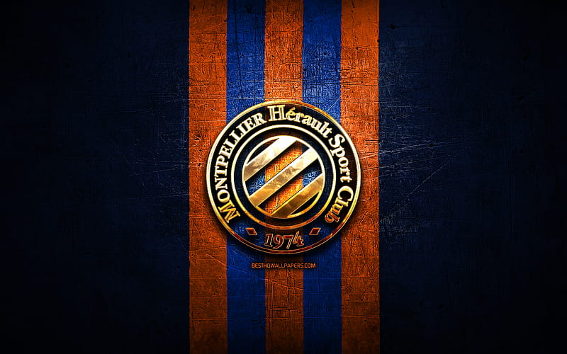 Montpellier FC, golden logo, Ligue 1, blue metal background, football, Montpellier HSC, french football club, Montpellier logo, soccer, France, HD wallpaper