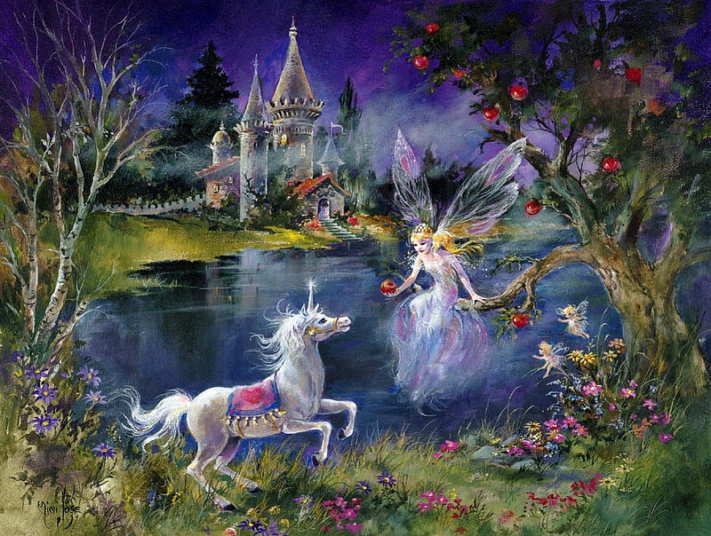 The Magic Apple, pixies, apples, unicorn, magic, trees, lake, fantasy, flowers, castle, fairy, HD wallpaper