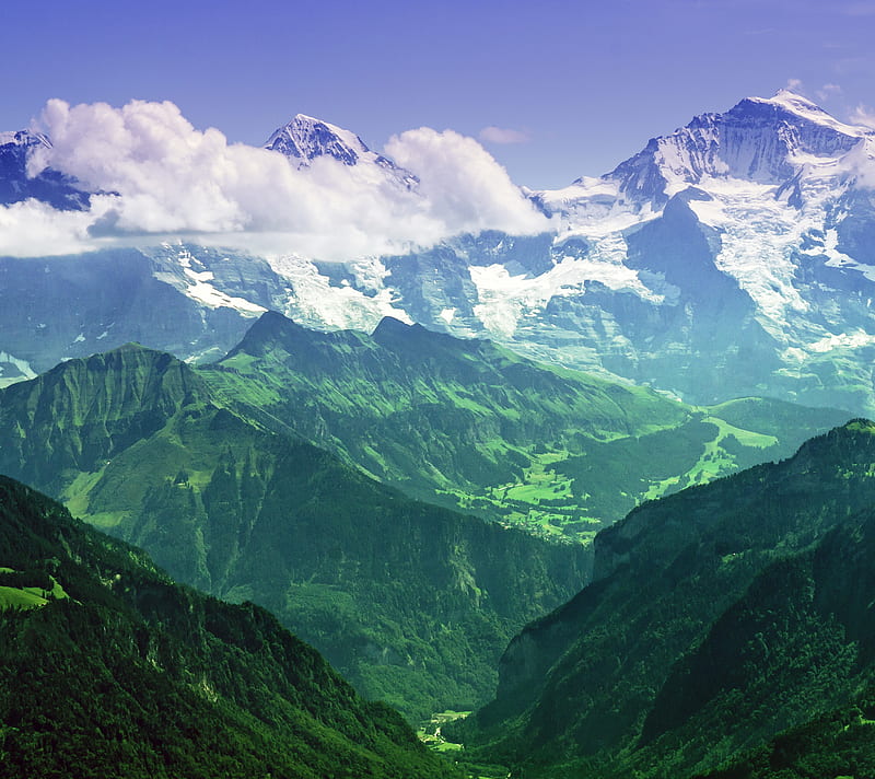 The Mighty Jungfrau, blue, cloud, green, landscape, mountain, sky, HD wallpaper