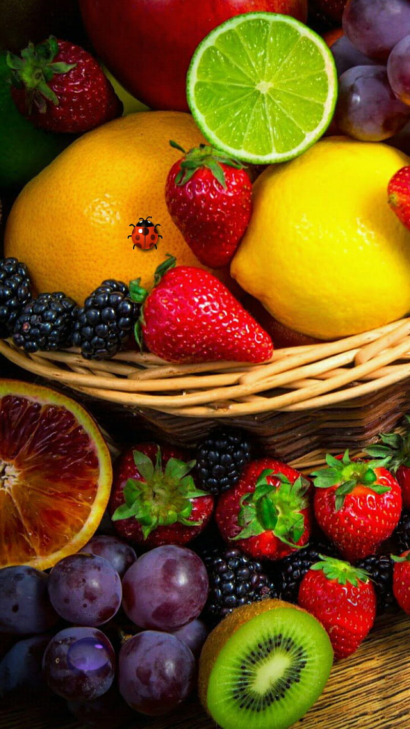 fruites, blackberry, bug, fruites lime, grapes, lemon, orange, strawberry, HD phone wallpaper