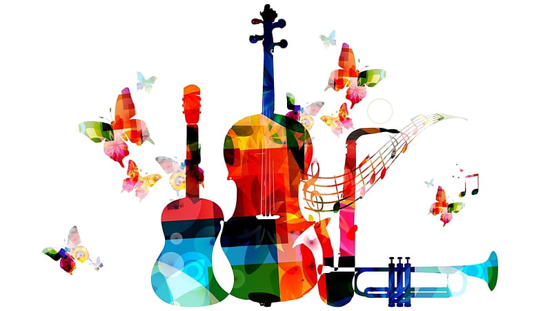Colorful Music and Butterflies, saxaphone, colorful, bass, notes, trombone, butterflies, ne, guitar, score, Firefox Persona theme, HD wallpaper