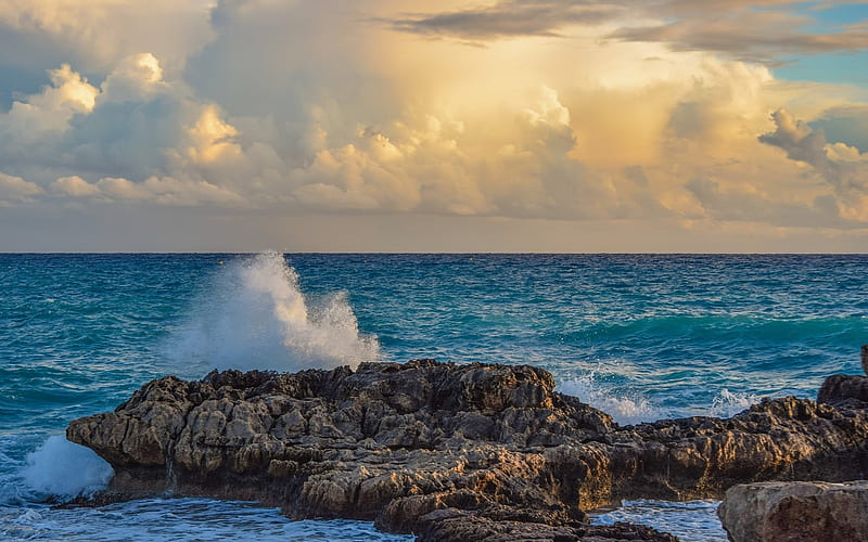 Sea in Cyprus, splash, rocks, wave, sea, clouds, HD wallpaper